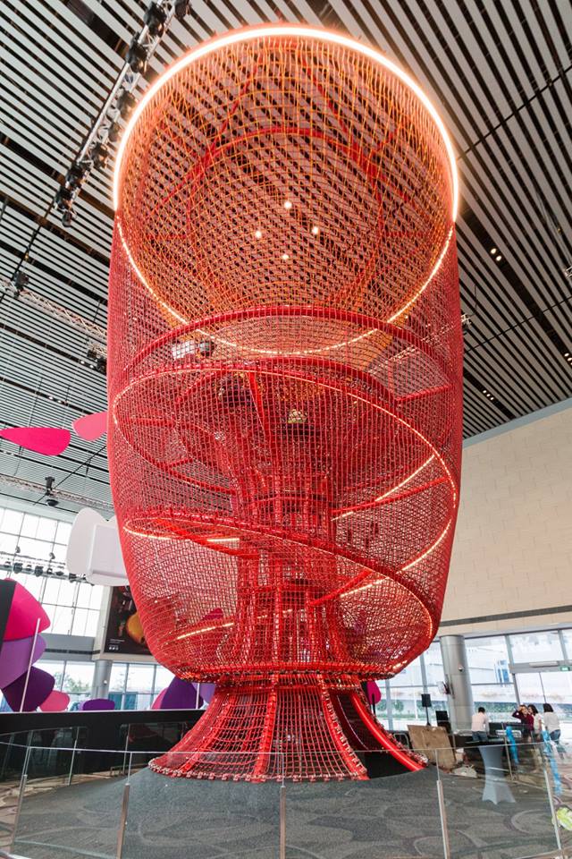 The latest attraction at the Changi Airport is a five-storey crimson red playground christened ‘Chandelier’ featuring sliding poles and climbing nets. Photo courtesy: Facebook page of Changi Airport