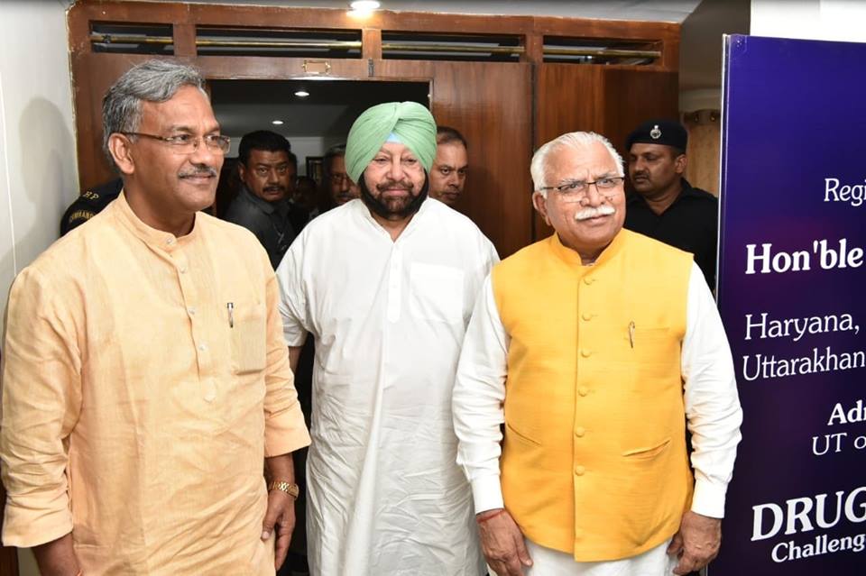 Uttarakhand CM Trivendra Singh Rawat (left) and Punjab CM Capt Amarinder Singh (centre) seen here with Haryana CM Manohar Lal Khattar, will be leading their respective state-leveldelegations to Singapore. Photo courtesy: Facebook/@tsrawatbjp
