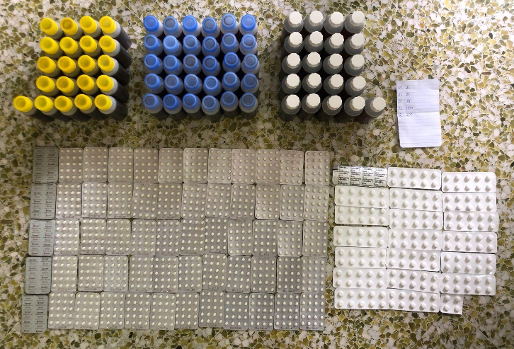 HSA seized 100,000 ml of illegally manufactured cough syrup and 1,400 tablets of assorted medicines. Photo courtesy: HSA 