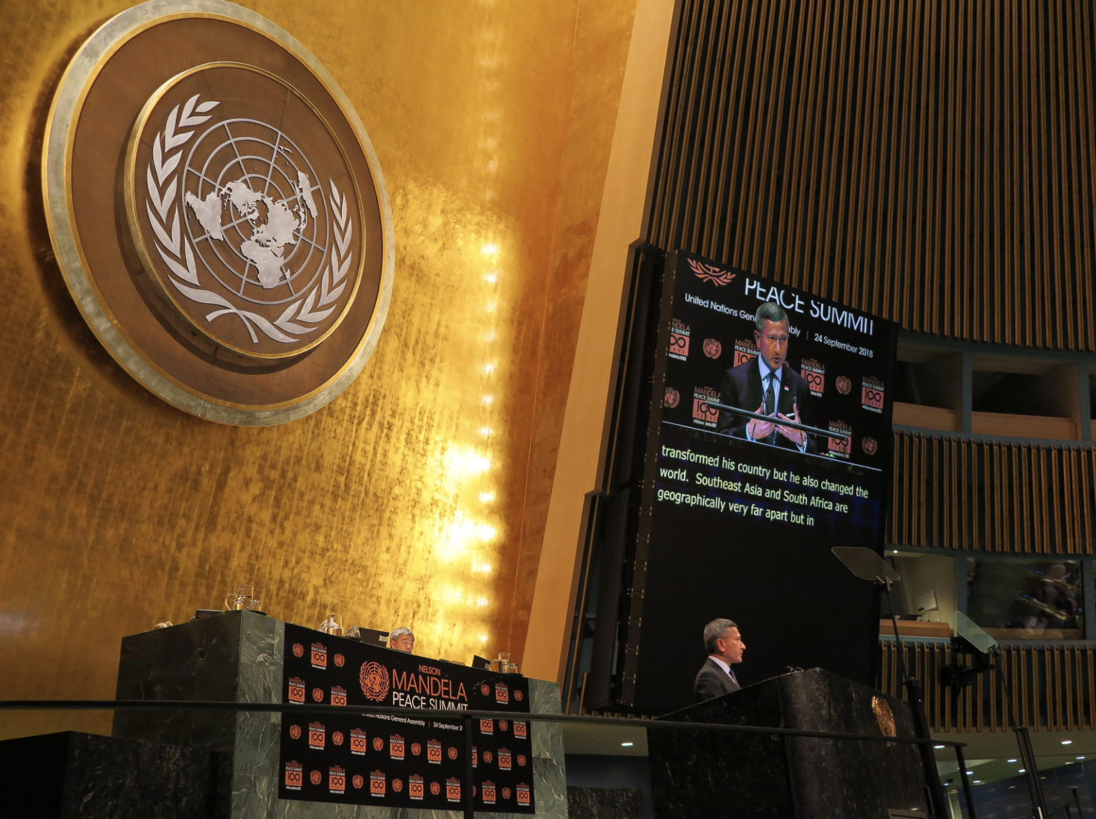 Minister for Foreign Affairs Dr Vivian Balakrishnan delivers a statement on behalf of ASEAN at the Nelson Mandela Peace Summit. Photo courtesy: MFA