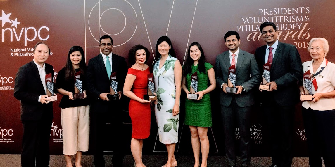 Winners of the PVPA awards 2018 (from left to right) including Associate Professor Peter Pang Yu Hin, Dean of Students Office of Student Affairs, National University of Singapore, Juliet Ng, Head, Communications & Community Engagement Assisi Hospice, Adam Abdur Rahman, Managing Director Head of Corporate Affairs,  Citi Singapore, Stefanie Yuen Thio, Joint Managing Director,  TSMP Law Corporation Mergers, Emily Teng, Founder,  Blessings in a Bag, Abbas Ali Mohamed Irshad, Founder and Director Roses of Peace,  Dr Rupesh Agrawal, Senior Consultant Ophthalmologist and Clinician Scientist at  Tan Tock Seng Hospital and Anna Tham, Girl Guides Singapore Commissioner for Special Projects. Melissa Kwee, CEO of National Volunteer & Philanthropy Centre is standing in the fifth position. Photo: Connected to India 