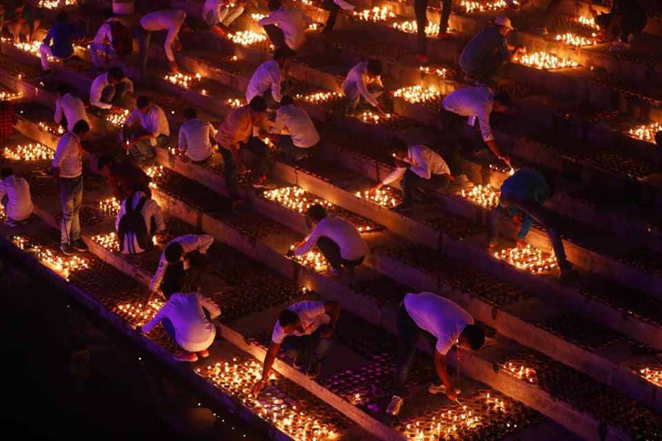 Historic city of Ayodhya entered Guinness Book of World Records as 301,152 diyas, or earthen lamps, were lit on the banks of the River Saryu. Photo courtesy: Facebook page of UP Tourism