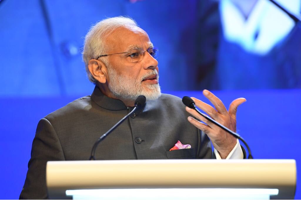 PM Modi delivering the opening address at the Shangri-La Dialogue during his last visit to Singapore in June 2018. Photo courtesy: Twitter/@MEAIndia