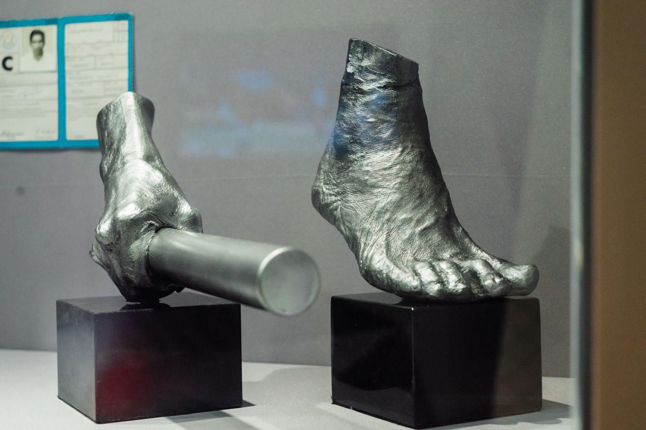 The silver-coloured hand and foot cast of famous  sprinter C Kunalan kept at Singapore Sports Museum. Photo courtesy: Singapore Sports Hub