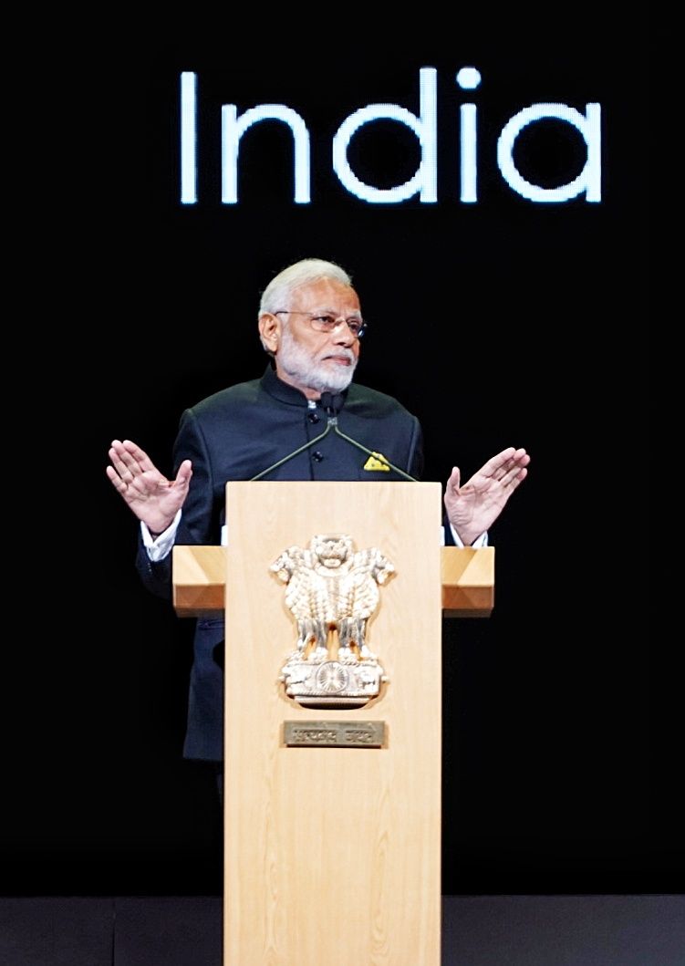 PM Narendra Modi delivering keynote address at Singapore Fintech Festival  (Photo courtesy: Ministry of External Affairs, India