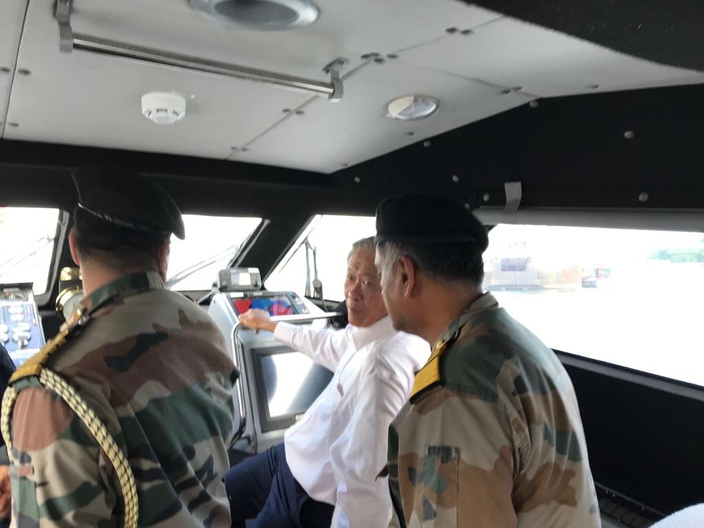 Singapore's Defence Minister Dr Ng Eng Hen at the console of an unidentified vessel in Andaman and Nicobar riservices Command (Photo courtesy: Indian High Commission, Singapore