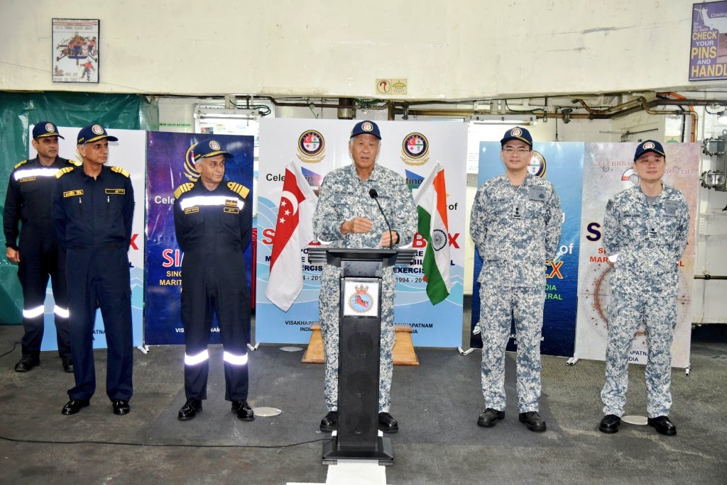 Defence Minister of the Republic of Singapore Dr Ng Eng Hen  addressing officers of two navies participating Singapore India Maritime Bilateral Exercise SIMBEX2018 in the Bay of Bengal (Photo courtesy: Indian Ministry of Defence