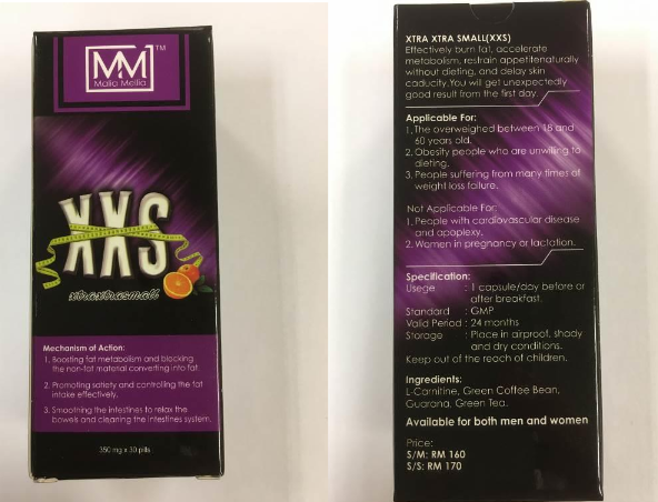 Sibutramine – a banned substance for weight loss – was found in 'XXS xtraxtrasmall'. Photo courtesy: HSA