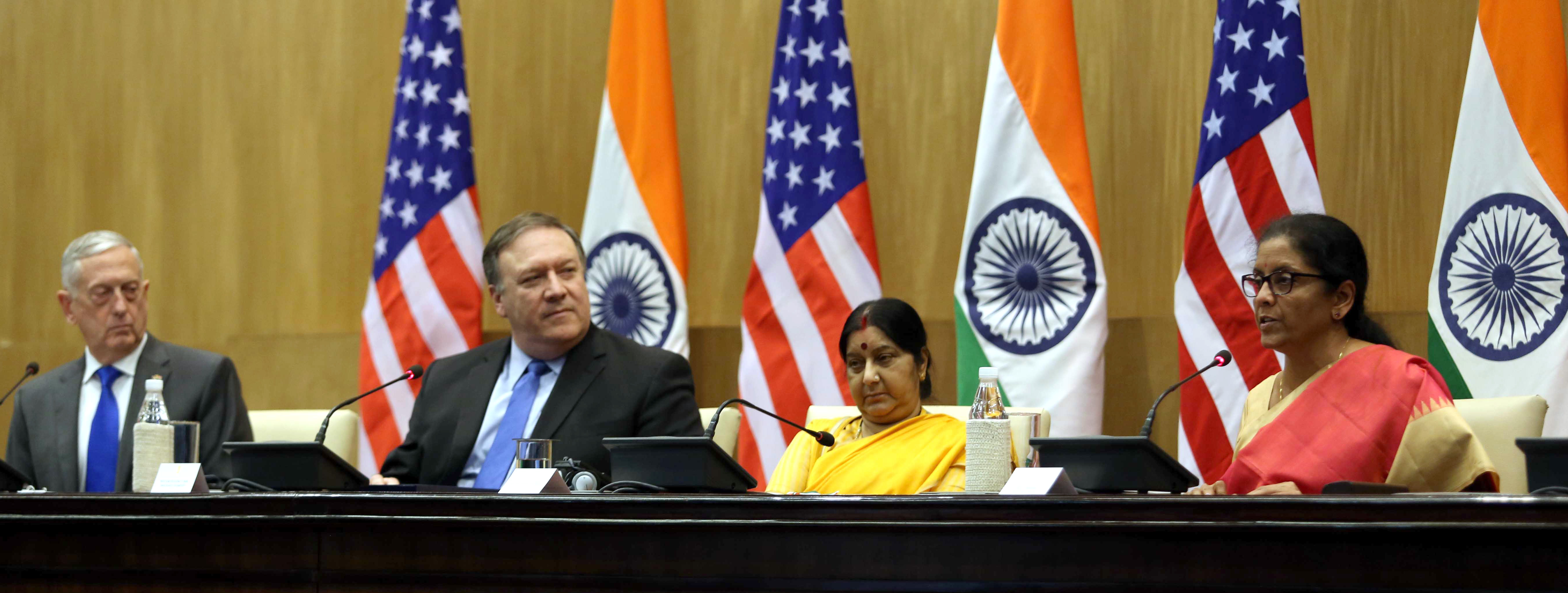 Vision encapsulated in ShangriLa Dialogue provided boost to India US 2+2 Dialogue on security and bilateral relations held by Indian Minister for Defence Nirmala Sitharaman, Minister for External Affairs Sushma Swaraj along with the US Secretary of Defence James Mattis and the US Secretary of State Michael R. Pompeo in New Delhi on September 06, 2018 (Photo courtesy: Ministry of Defence