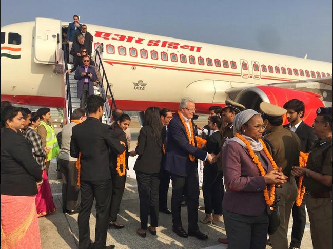 Mission heads arrive in Prayagraj by a special flight. Photo courtesy: MEA