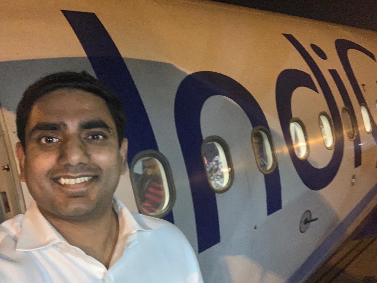 Nara Lokesh, Information and Technology Minister of the Indian State of Andhra Pradesh set to board international flight from Vijaywada to Singapore. Photo courtesy: Twitter@/naralokesh