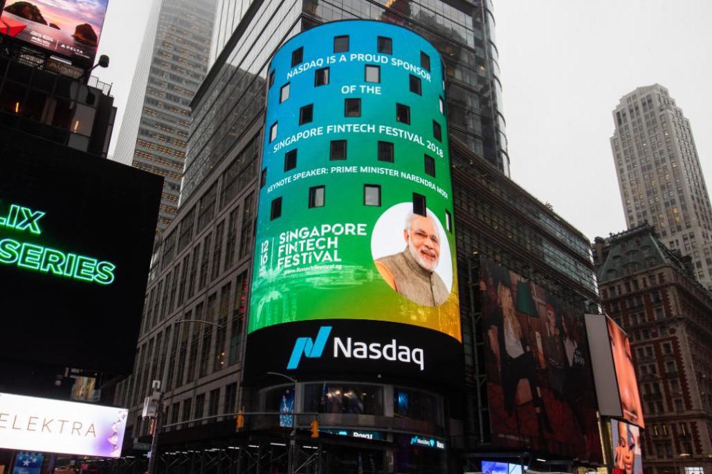 Nasdaq, New York lits up for the Singapore Fintech Festival 2018 and Indian Prime Minister Narendra Modi ahead of his keynote address in Singapore. (Photo courtesy: MEA, India
