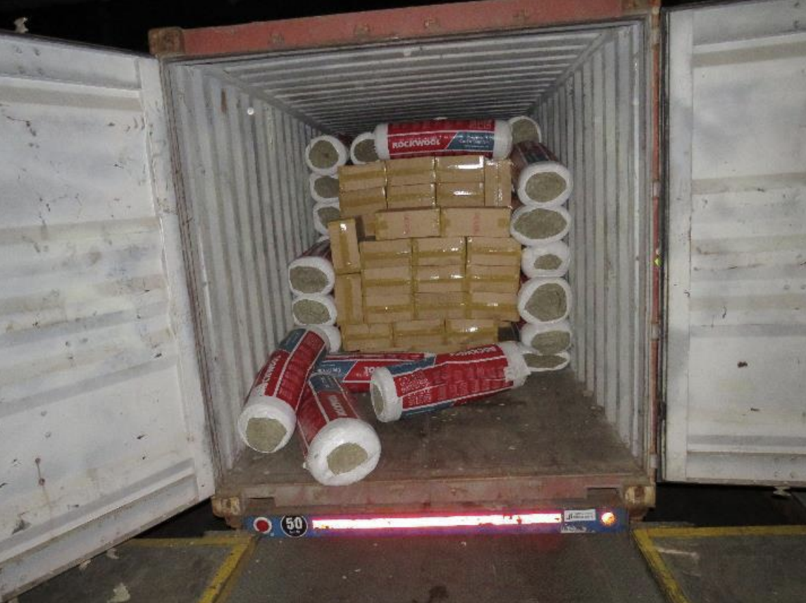 The container where duty-unpaid cigarettes were found within the consignment declared as “rockwool insulations”. Photo courtesy: ICA