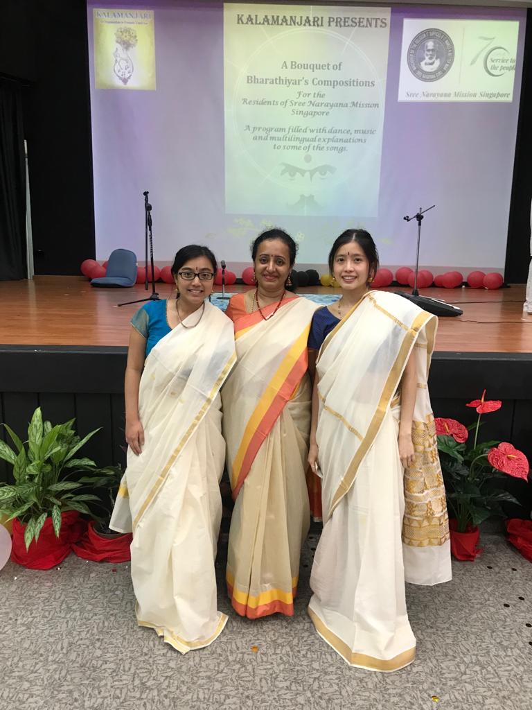  Soundara Nayaki Vairavan (middle) along with Ms Shanice and Stephanie Teo during Kalamanjari’s programme on ‘Barathiyar’ at Sree Narayana Mission in Singapore. Photo courtesy: Soundara Nayaki Vairavan