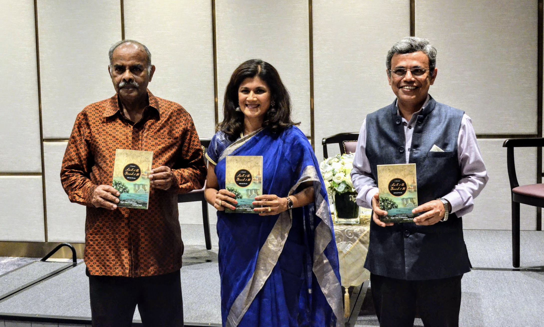 Ashwini Devare author of Lost at 15, Found at 50 flanked by  High Commissioner of India to Singapore, Jawed Ashraf to her left and ex-diplomat Ambassador Krishnasamy Kesavapany Photo: Connected to India
