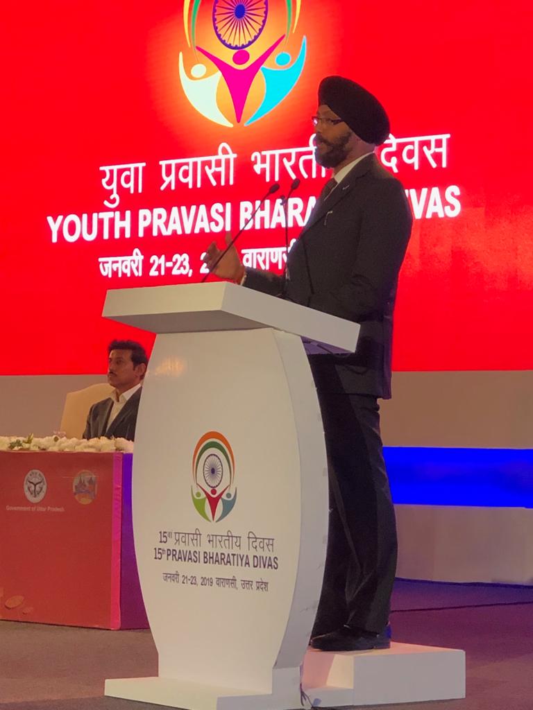 Guest of Honour Kanwaljit Singh Bakshi Member of Parliament from New Zealand addressing Indian diaspora at PBD 2019 in Varanasi.  PBD Convention