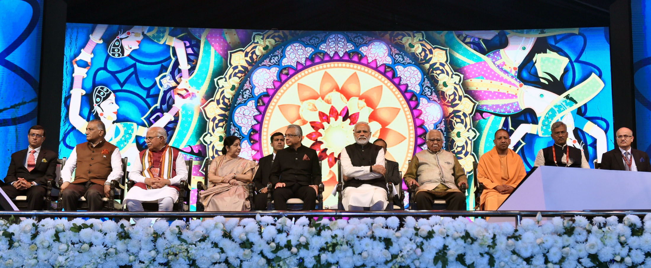 Prime Minister Narendra Modi and Prime Minister of Mauritius Pravind Jugnauth at the inauguration of the 15th Pravasi Bharatiya Divas convention 2019, in Varanasi. Governor of Uttar Pradesh Ram Naik, Minister for External Affairs Sushma Swaraj, Chief Minister of Uttar Pradesh Yogi Adityanath, Chief Minister of Haryana Manohar Lal Khattar, Chief Minister of Uttarakhand Trivendra Singh Rawat, Minister of State for External Affairs V.K. Singh and other dignitaries are also seen. Photo courtesy: PIB