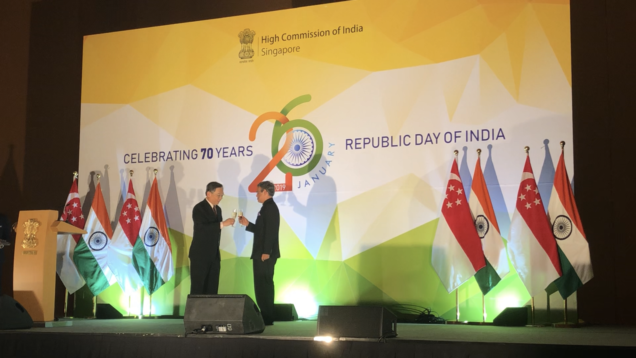 High Commissioner of India, Singapore, Mr Jawed Ashraf, sharing a toast with Mr Gam Kim Yong, Minister For Health, at the Republic Day reception on January 25. Photo: Connected to India