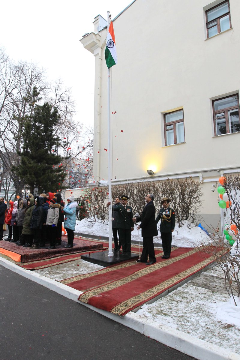 Venkatesh Varma, Indian Ambassador to Russia, unfurled the national flag at the Indian Embassy in Moscow. Photo courtesy: Twitter@IndEmbMoscow