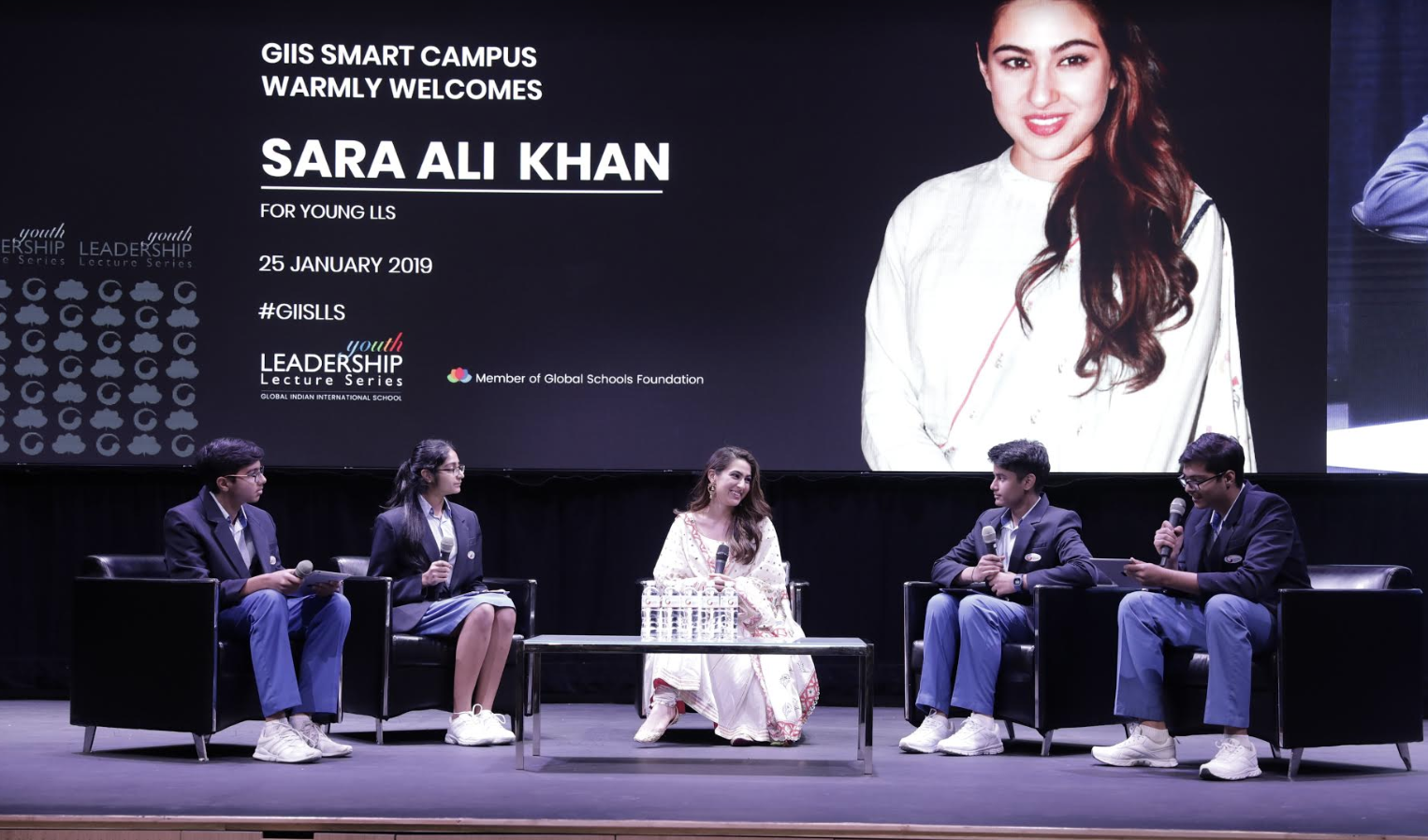 Sara Ali Khan answering questions posed to her by student reps of Global Indian International School (GIIS) Photo courtsey: GIIS