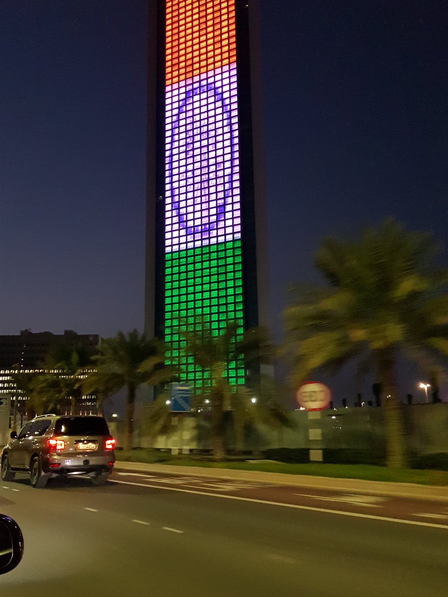 The iconic ADNOC tower of Abu Dhabi was resplendent in the Indian tricolour. Photo courtesy: Twitter@IndAmbUAE