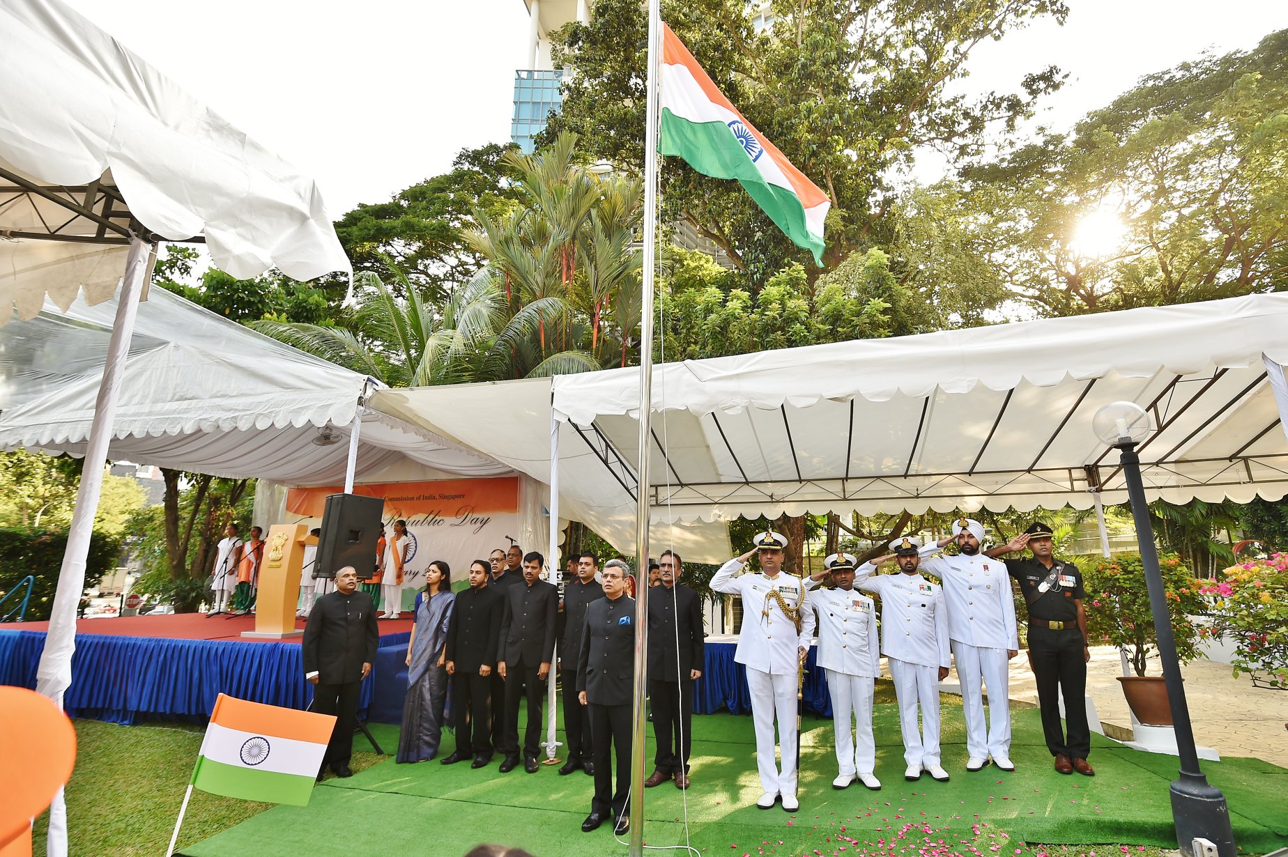 Republic Day flag hoisting on the grounds of High Commission of India on Republic Day. Photo courtesy: High Commission of India Singapore