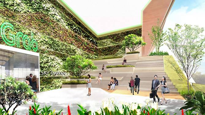 Artist's impression of the sky terrace of Grab's new headquarters. Photo courtesy: Grab/Ascendas Reit