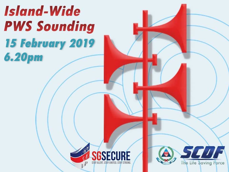 Singapore Civil Defence Force (SCDF) will sound the ‘Important Message’ signal through Public Warning System (PWS) sirens islandwide at 6.20pm on February 15. Photo courtesy: Facebook page of SCDF
