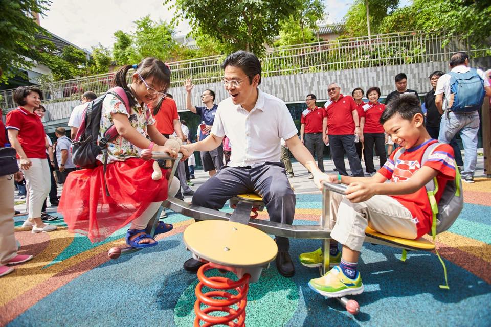 Lawrence Wong, Singapore’s Minister for National Development in a joyful mood along with the children at the play area of new-generation neighbourhood centre in Punggol. Photo courtesy: Facebook page of Lawrence Wong 