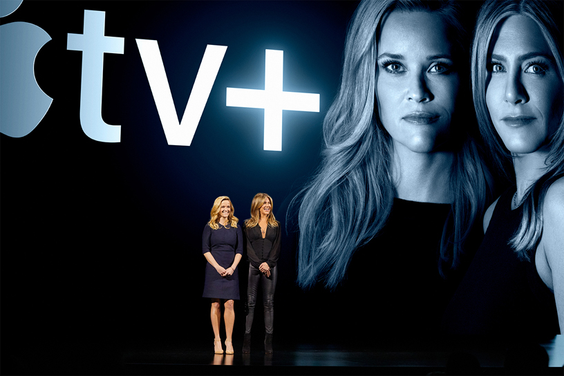      Hollywood stars Reese Witherspoon and Jennifer Aniston on stage at Steve Jobs Theater. Photo courtesy: Apple