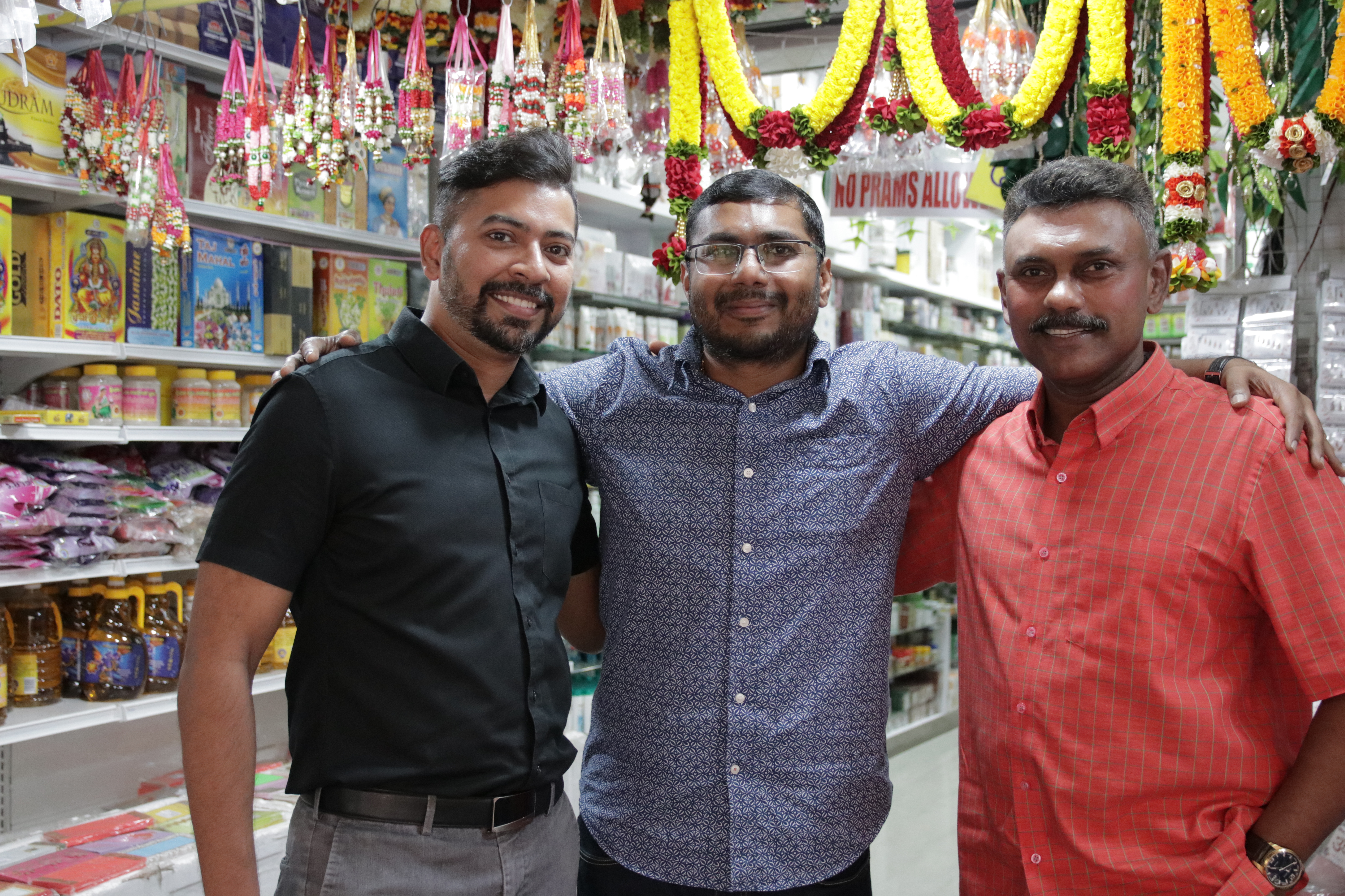  (From left) Jay Varman, co-founder and CEO of Dei, Regunarth Thyagarajan, owner of Jothi Store & Flower Shop and one of the merchants on Dei's platform, and PP Raj, co-founder of Dei. Photo courtesy: Dei