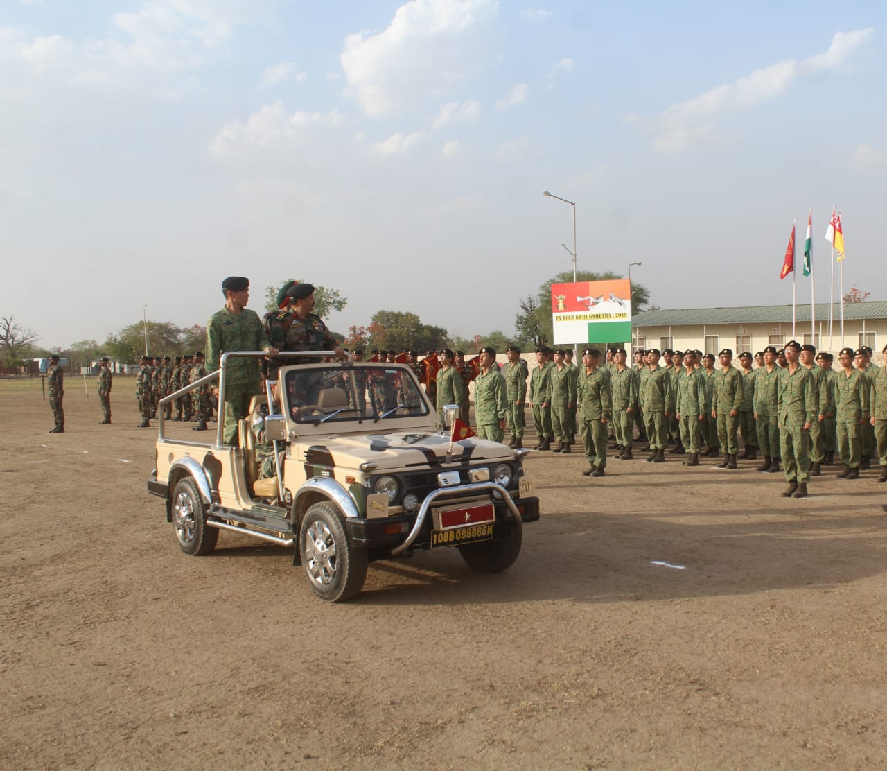   Brigade Commanders conducting joint review of the parade at the opening ceremony of India-Singapore joint army exercise at Babina Military station. Photo courtesy: Ministry of Defence, India   	