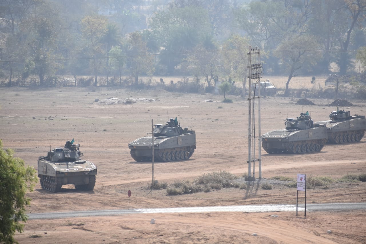   Armoured combat units of India and Singapore jointly undertook various challenging combat manoeuvres including live firing drills during four days of joint exercise. Photo courtesy: Ministry of Defence, India