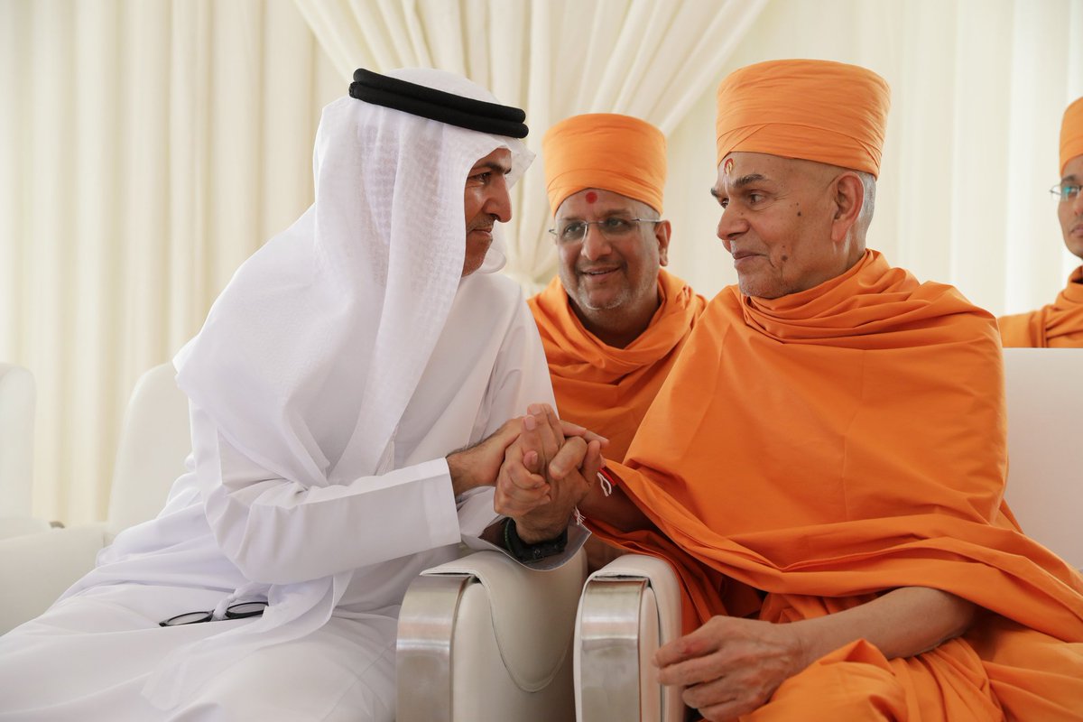 Sheikh Nahyan Mabarak Al Nahyan, Mahant Swami Maharaj greeting each other at foundation stone laying ceremony of Hindu temple in Abu Dhabi Photo courtesy Gopal Vandra, Twitter.