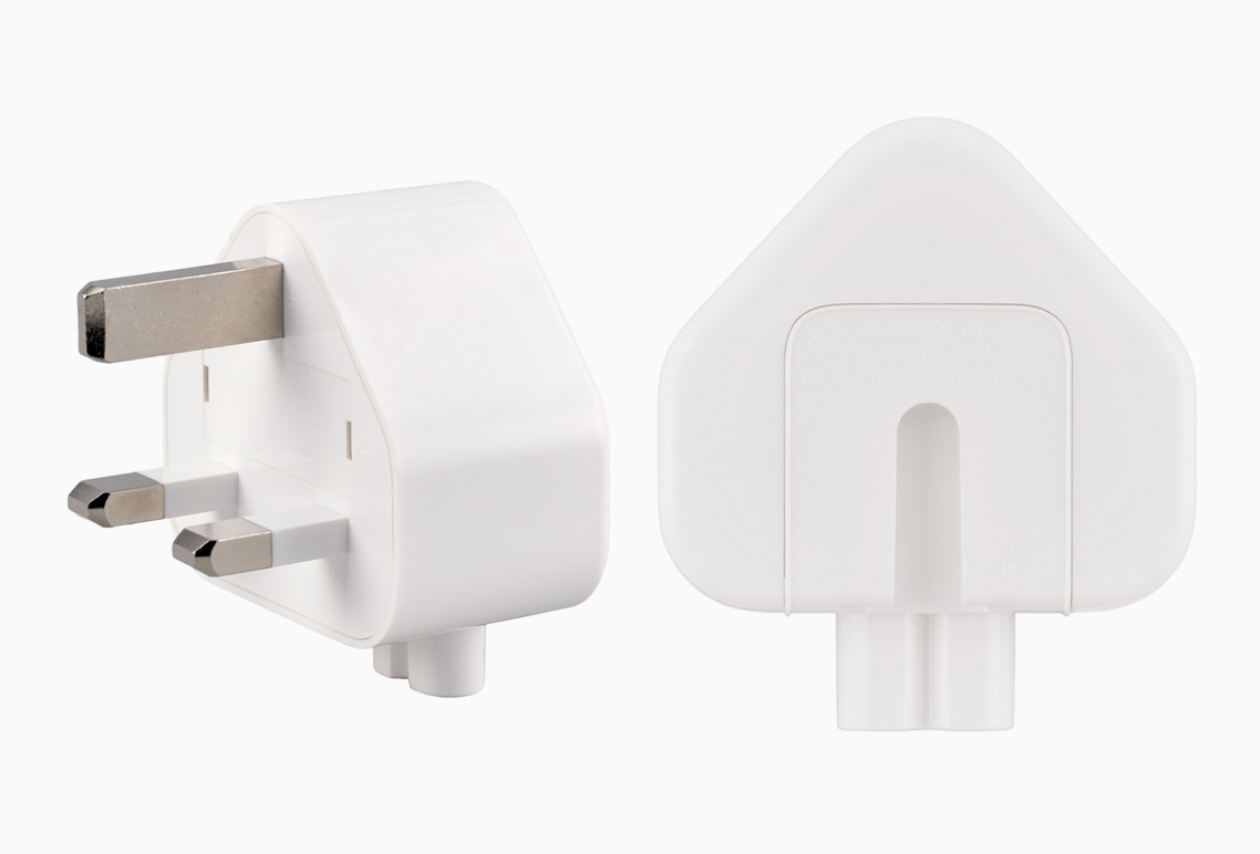 Customers can exchange their affected AC wall plug adapters (above) with a new adapter. Photo courtesy: Apple
