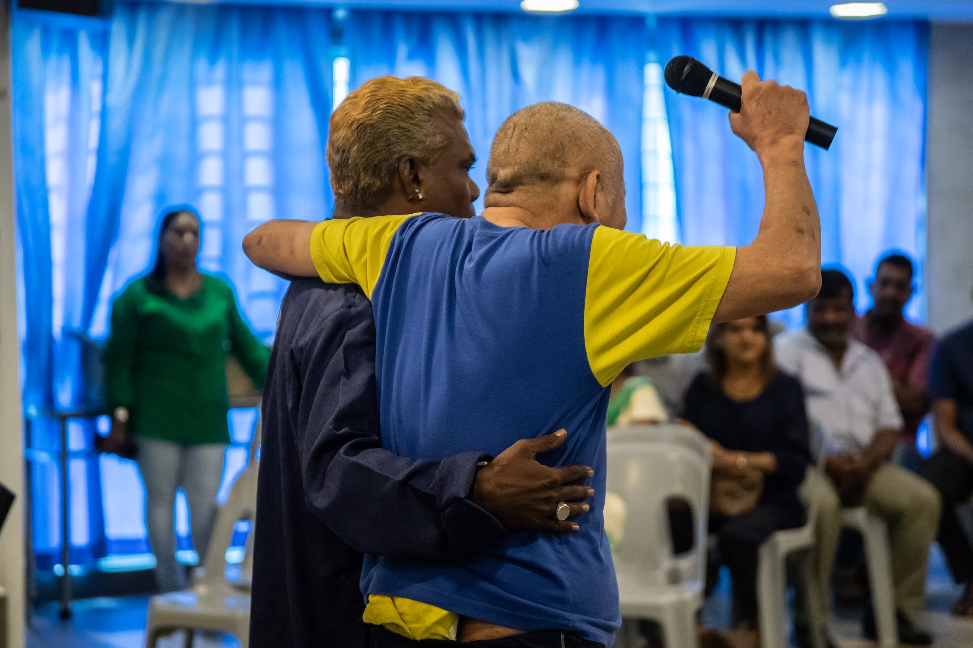 Residents at Sunlove Home had fun participating in a karaoke session. Photo courtesy: Hindu Endowments Board