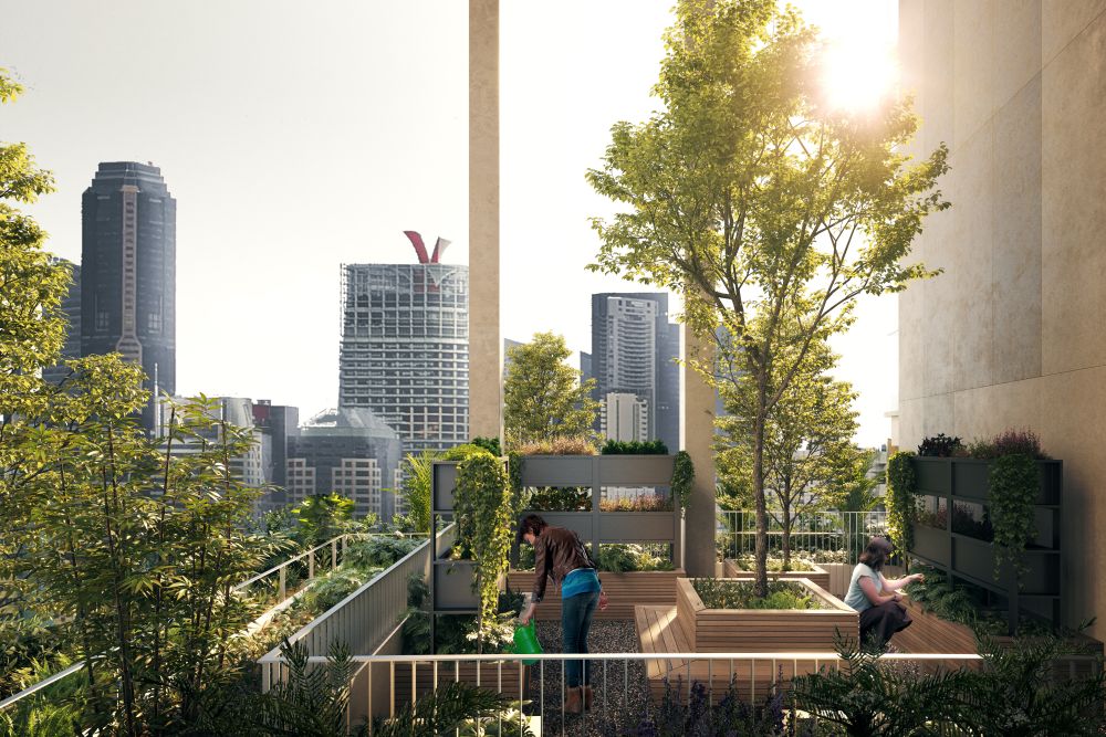 One Pearl Bank will feature a world-first – a series of sky allotment gardens arrayed vertically at one edge of each tower. Photo courtesy: Capitaland
