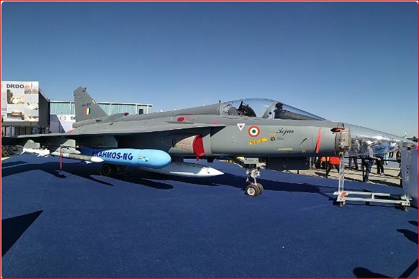 A mock up of the future air launched cruise missile BrahMos NG on LCA Tejas showcased at Aero India 2019. Photo courtesy BrahMos Aerospace
