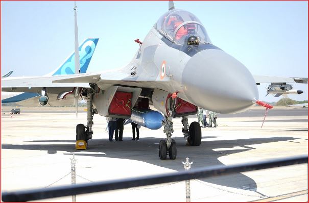 Full scale model of BrahMos air launched cruise missile integrated with the Su-30MKI fighter aircraft on static display at Aero india 2019. Photo courtesy BrahMos Aerospace
