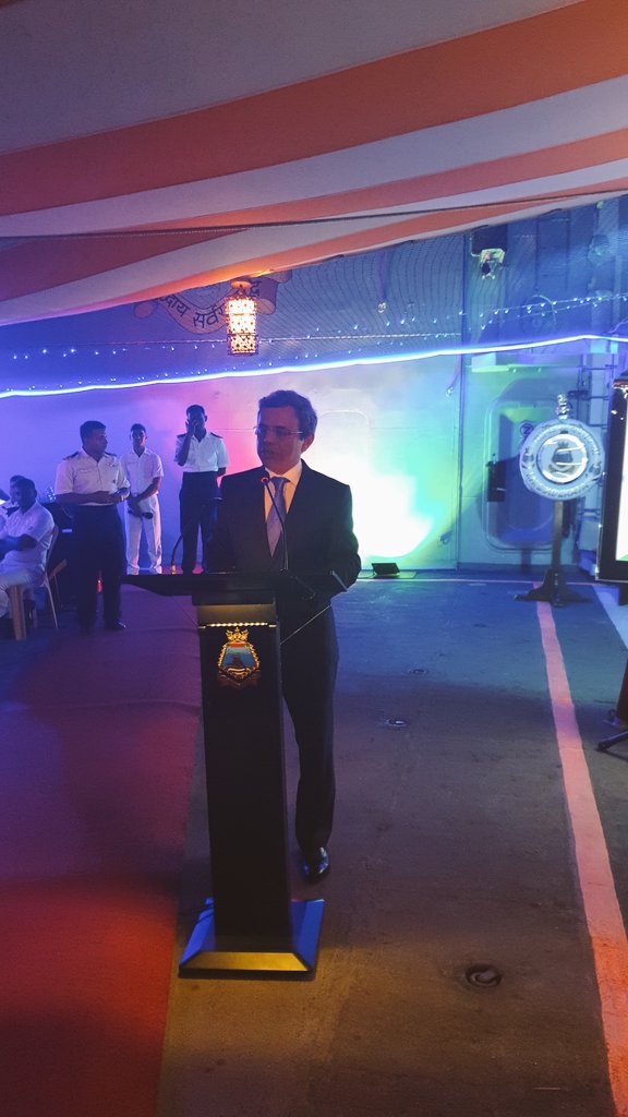 HE Jawed Ashraf, High Commissioner of India to Singapore speaking about the contribution of Indian Navy at the well-attended reception hosted at INS Kolkata on the occasion of 12th edition of IMDEX Asia-2019. Photo courtesy: Twitter@/IndiainSingapor 
