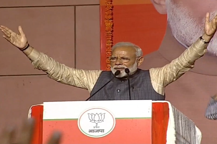   Indian Prime Minister Narendra Modi addressing party workers in New Delhi on the occasion of the historic victory of BJP. Photo courtesy: Twitter@/BJP4India