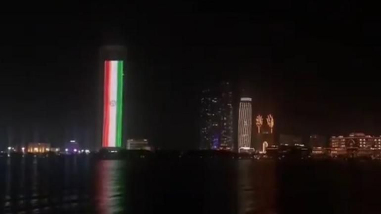 The ADNOC tower lit up with Tricolour and flag of UAE in Abu Dhabi as Narendra Modi took oath as Prime Minister of India for the second consecutive time in New Delhi. Photo courtesy: Twitter@/IndAmbUAE 