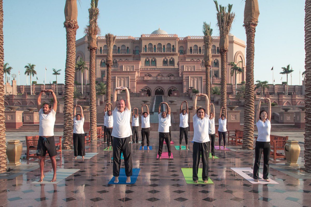 Enthusiasts practicing Yoga  at the iconic Emirates Palace in Abu Dhabi in the run-up to the main Yoga programme which will be organised at Umm Al Emarat Park on June 20. Photo courtesy: Twitter/@IndembAbuDhabi