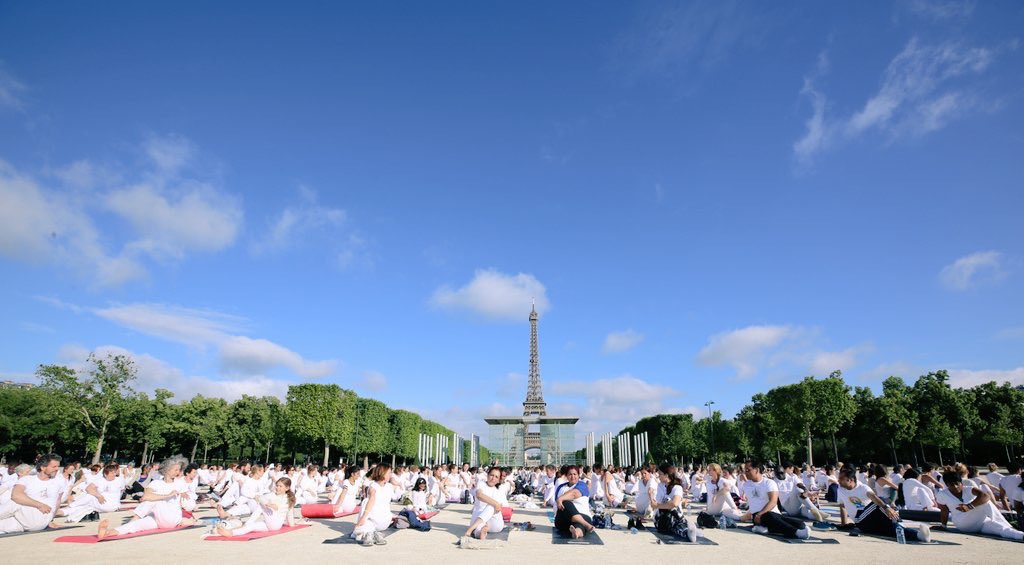 Yoga Day celebrations near the Eiffel Tower in Paris to commemorate Indian culture and tradition. Photo courtesy: Twitter/@narendramodi