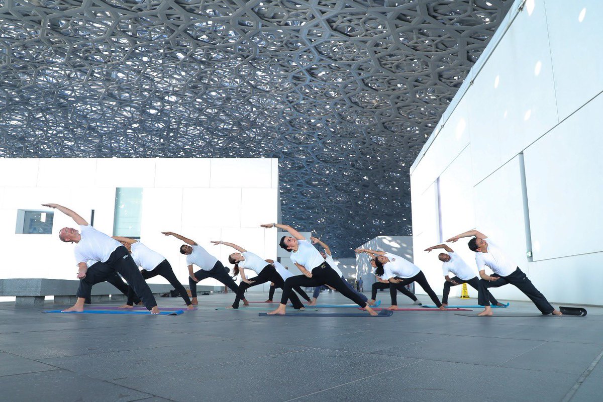 In the run-up to the upcoming Yoga Day 2019 celebrations, yoga enthusiasts performing at the iconic Louvre, Abu Dhabi. Photo courtesy: Twitter/@IndembAbuDhabi