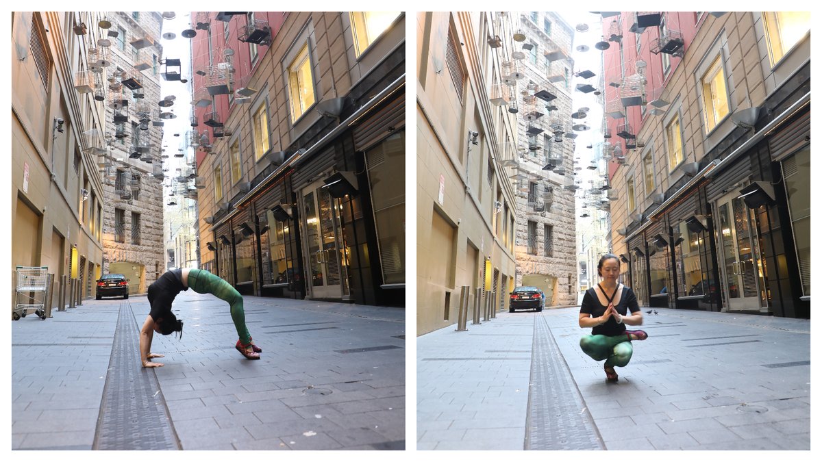 Miki Liu in Chakrasana pose at Angel Place, Sydneyvon yoga day. Photo courtesy: Twitter/@cgisydney