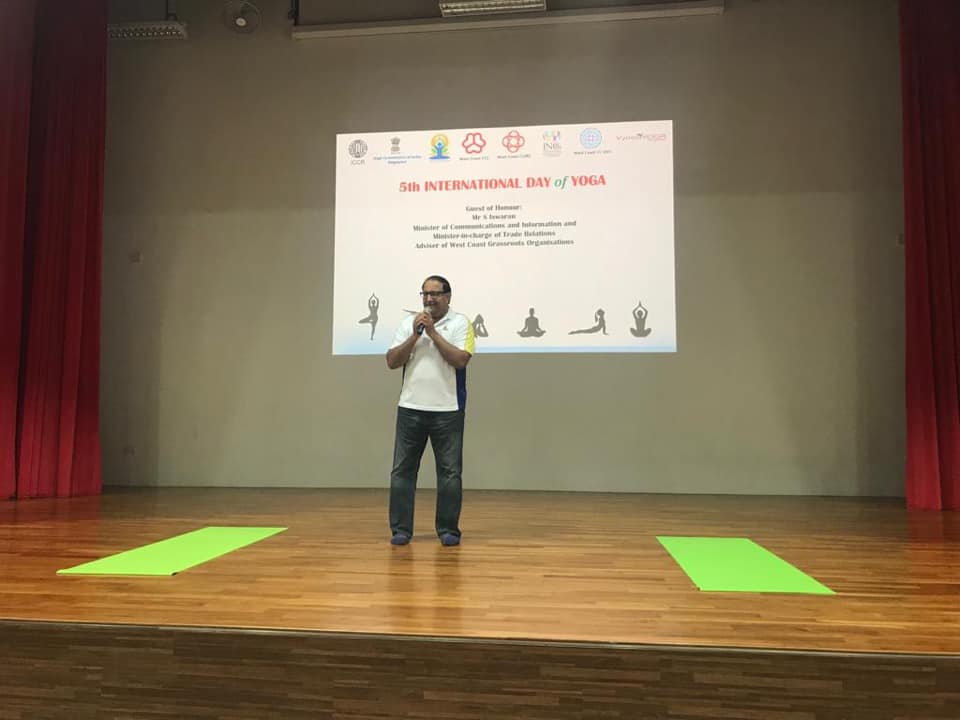 Minister for Communications and Information Mr S Iswaran was the guest of honour for the yoga session held at West Coast Community Centre. Photo courtesy: High Commission of India, Singapore