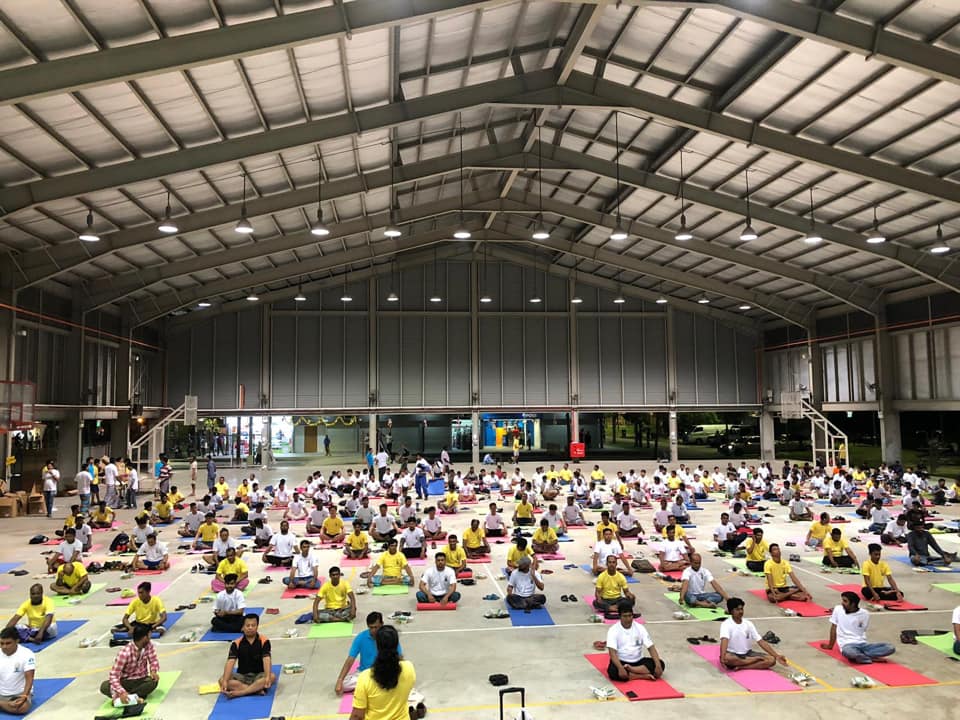 Migrant workers joined in the yoga session at the Penjury Recreation Centre for Migrant Workers. Photo courtesy: High Commission of India, Singapore