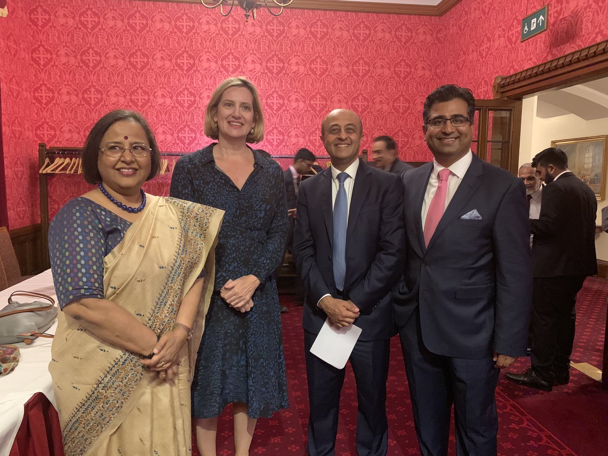 (from left) Indian High Commissioner to the UK Ruchi Ghanashyam, Conservative Party MP and minister in the UK Cabinet, Amber Rudd, Lord Jitesh Gadhia, an Indian-origin peer and Manoj LAdwa, Founder and CEO, India Inc, at the India Day event in the UK Parliament House in Westminster. Photo courtesy: Twitter/@Indiaincorp