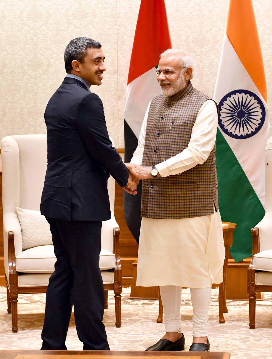 Sheikh Abdullah bin Zayed Al Nahyan meeting Indian PM Narendra Modi in June 2018. Photo courtesy: Twitter/@narendramodi